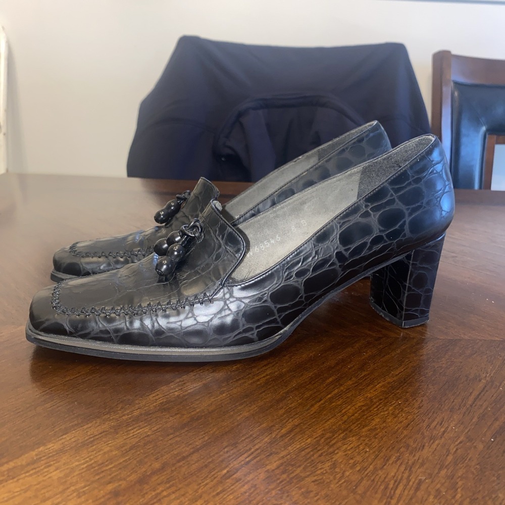 Vintage Stuart Weitzman Shoes Womens 8 Black Croc Embossed Block Heel‎ Loafer